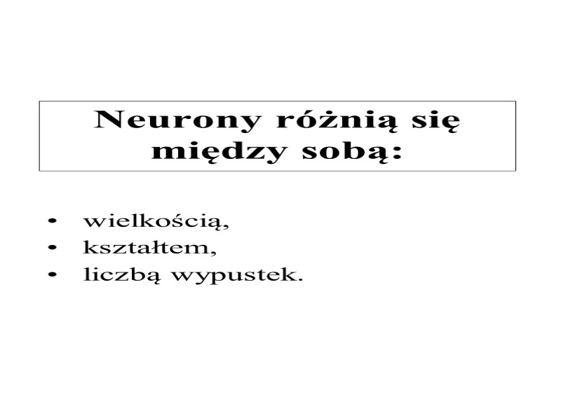 Neurony różnią się między sobą:  wielkością,  kształtem,  liczbą wypustek.